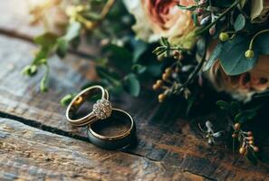 ai gegenereerd diamant bruiloft ringen sieraden en bloemen boeket voor de bruiloft verloving en huwelijksreis foto
