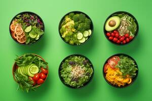 vlak leggen concept van salade kommen dat tonen Gezondheid voordelen en voedingswaarde waarde foto