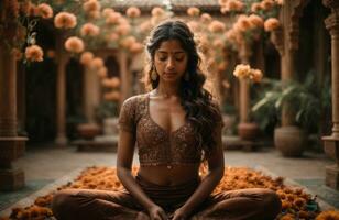 ai gegenereerd mooi geestelijk meditatie in Indisch tempel door aantrekkelijk jong vrouw foto