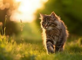 ai gegenereerd schattig, gestreept speels kat wandelen in de gearchiveerd foto