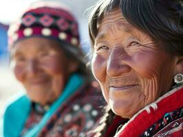 ai gegenereerd glimlachen inheems inuit inheems mensen van Groenland gekleed in kleurrijk inheems kleren foto