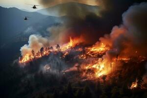 ai gegenereerd snel verspreidend bosbranden en ecologisch rampen ten gevolge naar klimaat verandering en globaal opwarming foto