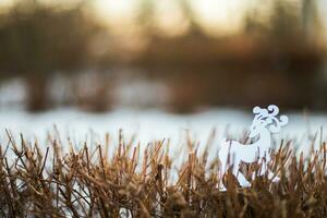 wit rendier beeldje staand in de sneeuw in winter Woud foto