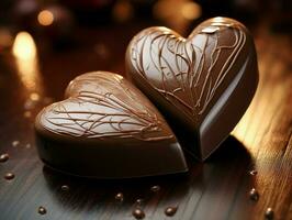 ai gegenereerd twee hart vorm chocola, symbool van liefde, feestelijk element, gelukkig Valentijnsdag dag, reclame materiaal foto