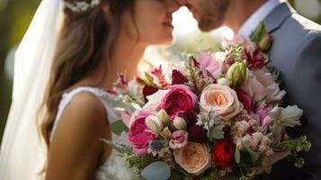 ai gegenereerd een bruid en bruidegom nauw houden een mooi boeket, gevulde met zacht roze en rood bloemen, tegen een dromerig, zonovergoten achtergrond. foto