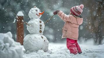 ai gegenereerd blij kind in een roze jasje en kleurrijk hoed bouwt sneeuwman Aan besneeuwd dag, sieren het met een wortel neus- en takje armen, onder een teder sneeuwval. foto