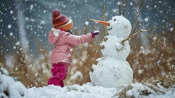 ai gegenereerd blij kind in een roze jasje en kleurrijk hoed bouwt sneeuwman Aan besneeuwd dag, sieren het met een wortel neus- en takje armen, onder een teder sneeuwval. foto