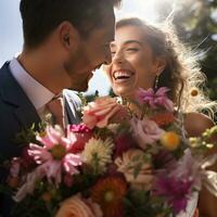 ai gegenereerd een bruid en bruidegom nauw houden een mooi boeket, gevulde met zacht roze en rood bloemen, tegen een dromerig, zonovergoten achtergrond. foto