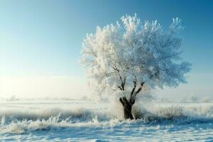 ai gegenereerd eenzaam boom staat gedekt in vorst tegen een helder blauw lucht, omringd door een ongerept besneeuwd landschap met voetafdrukken verspreide aan de overkant de voorgrond. foto