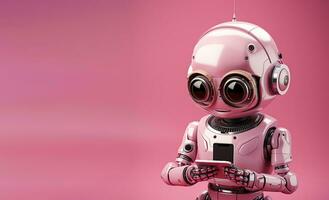 ai gegenereerd schattig tekenfilm robot met telefoon geïsoleerd Aan roze achtergrond. ai babbelen bot gebaseerd Aan kunstmatig intelligentie- en neurale netwerken. horizontaal banier sjabloon met kopiëren ruimte foto