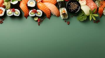 ai gegenereerd sushi en broodjes kader Aan groen achtergrond. top visie van hosomaki, uramaki, nigiri. smakelijk vers maki broodjes Aan tafel. vlak leggen, kopiëren ruimte foto