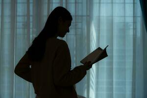 in silhouet, zwanger vrouw lezing een verhalen naar haar ongeboren kind in de leven kamer Bij huis foto