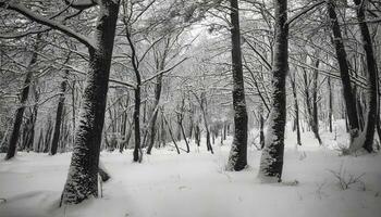 ai gegenereerd een zwart en wit foto van een besneeuwd Woud