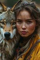 ai gegenereerd vrouw en wolf in wildernis gezelschap. foto