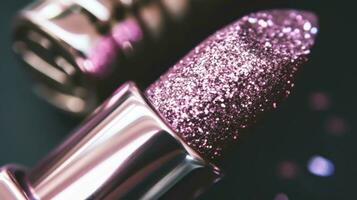 ai gegenereerd detailopname van sprankelend roze schitteren lippenstift schoonheid Product foto