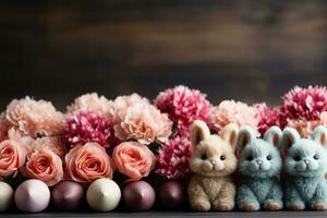 ai gegenereerd schattig pluche konijntjes tussen pastel Pasen eieren en bloemen foto