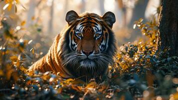 ai gegenereerd majestueus tijger staren aandachtig in weelderig Woud omgeving. foto