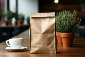 ai gegenereerd blanco papier koffie zak mockup Aan houten tafel foto