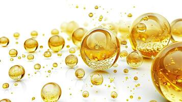 ai gegenereerd gouden huidsverzorging olie druppels met lucht bubbels Aan wit achtergrond foto