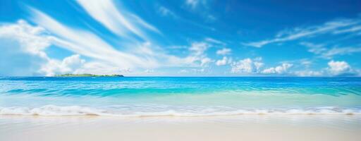 ai gegenereerd sereen strand paradijs met Doorzichtig blauw lucht en rustig zee foto