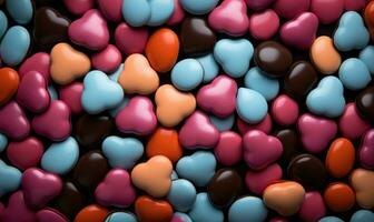 ai gegenereerd kleurrijk hart vormig snoepjes voor Valentijnsdag dag achtergrond. chocola snoepjes in de het formulier van harten Aan een zwart achtergrond foto