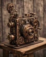 ai gegenereerd steampunk mechanisch camera Aan houten tafel foto