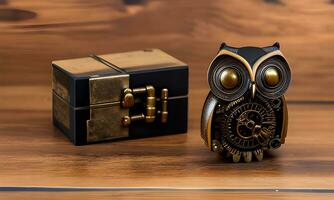 ai gegenereerd bronzen steampunk dier Aan houten tafel foto