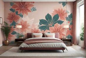 ai gegenereerd modern slaapkamer met levendig bloemen tintje foto