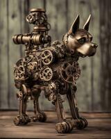 ai gegenereerd bronzen steampunk hond Aan houten tafel foto