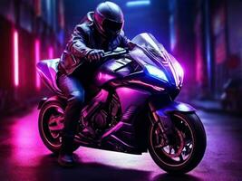 ai gegenereerd vol schot volwassen rijden een krachtig motorfiets met neon lichten foto