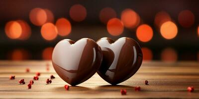 ai gegenereerd twee hart vorm chocola, symbool van liefde, feestelijk element, gelukkig Valentijnsdag dag, reclame materiaal foto