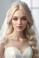 ai gegenereerd blond mooi model- in bruiloft jurk en bruids bedenken foto