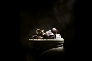 schelp vormig chocolaatjes met room in een klei pot foto