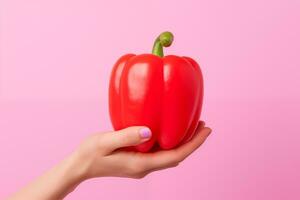 een vrouw hand- houdt een klok peper geïsoleerd Aan een roze achtergrond. foto