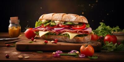 rustiek sfeer detailopname fotografie van een aanlokkelijk Sandwich. met generatief ai technologie. foto