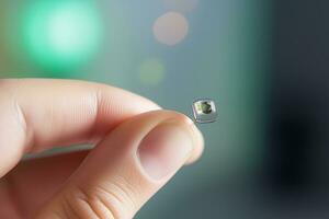 ai gegenereerd ultra klein holografische foto camera van de toekomst gebruikt in menselijk vinger