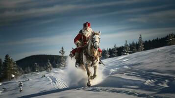 ai gegenereerd cowboy de kerstman claus rijden een paard door een besneeuwd landschap, uitgedost uit in feestelijk kleding, met een zak van Kerstmis presenteert foto