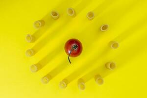 klein groep van vers macaroni rigati bekleed omhoog in een cirkel Aan geel achtergrond foto