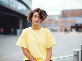ai gegenereerd aantrekkelijk jong vrouw vervelend blanco leeg overmaats geel t-shirt mockup voor ontwerp sjabloon foto