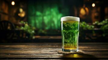 ai gegenereerd glas met groen bier binnen in kroeg teller foto
