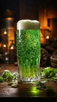 ai gegenereerd glas met groen bier binnen in kroeg teller foto