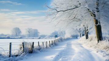 ai gegenereerd tafereel van platteland gedekt met sneeuw foto