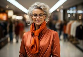 ai gegenereerd gelukkig volwassen vrouw in een elegant kleren jas in de winkelcentrum. generatief ai. foto