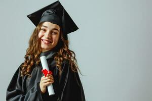 ai gegenereerd vrouw afstuderen glimlachen Holding diploma Aan wit geïsoleerd achtergrond. generatief ai foto