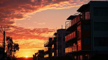 ai gegenereerd silhouet van een strak stedelijk woning tegen de backdrop van een duister lucht. generatief ai foto