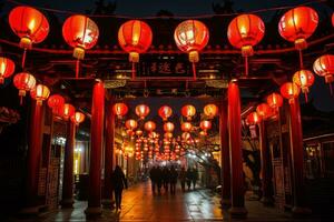 ai gegenereerd Chinese nieuw jaar lantaarns in China dorp. generatief ai foto