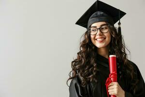 ai gegenereerd vrouw afstuderen glimlachen Holding diploma Aan wit geïsoleerd achtergrond. generatief ai foto