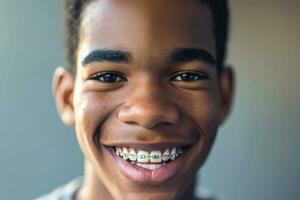ai gegenereerd Afrikaanse Amerikaans persoon met een beugel lachend. de concept van modern tandheelkunde. generatief ai foto