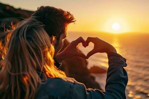 ai gegenereerd valentijnsdag dag concept, jong Mens en vrouw creëren hart vorm door handen Bij zonsondergang. generatief ai foto