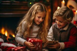 ai gegenereerd een kinderen opgewonden opening cadeaus Aan heilige nicholas dag, traditioneel Europese leven kamer instelling, kousen hing door de haard, vastleggen de vreugde en verwachting foto